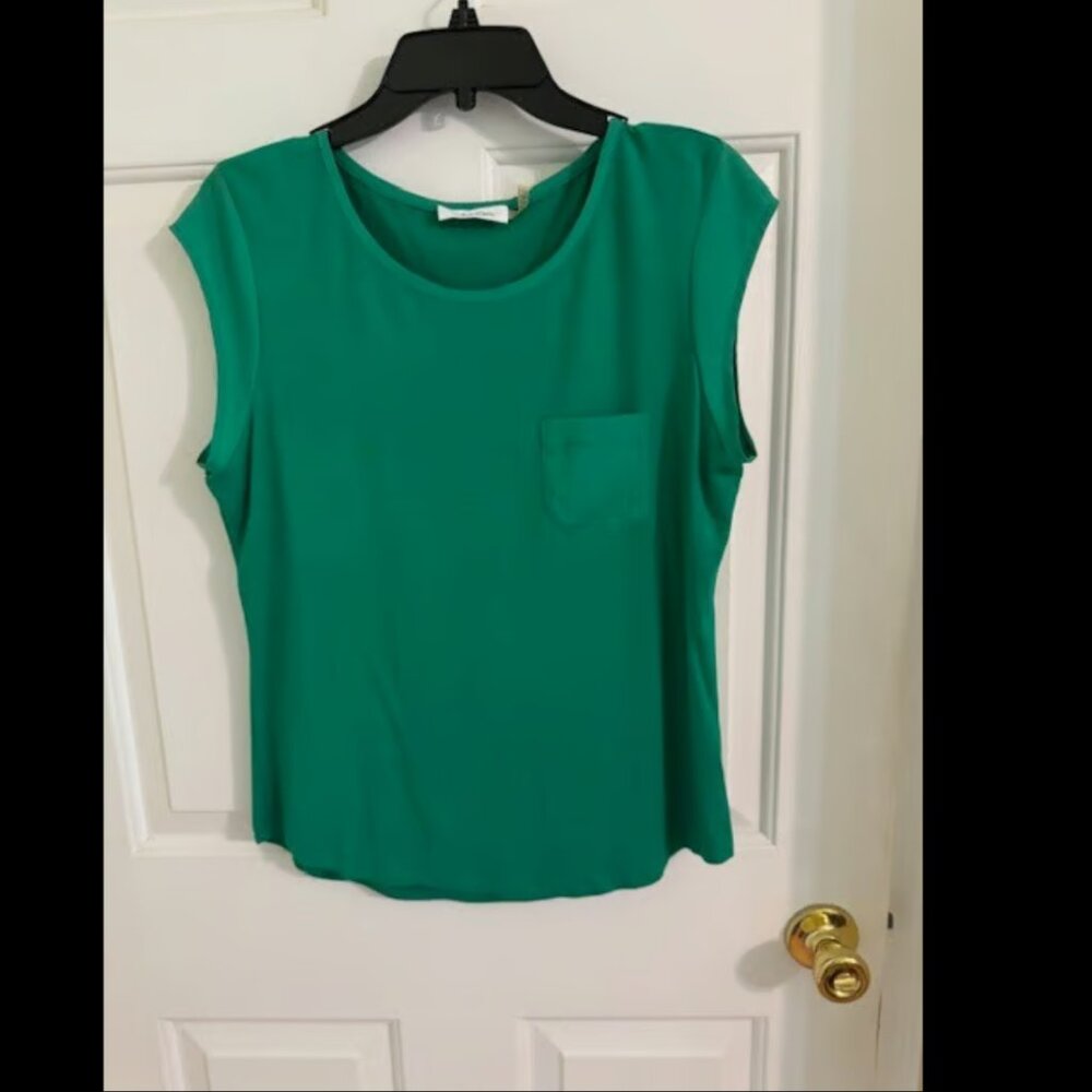 Calvin Klein Emerald Green Mixed Media Blouse Sz M Pocket Detail EUC